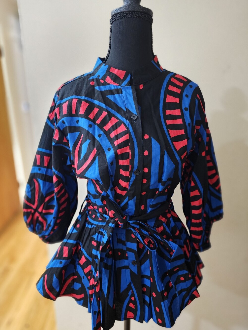 New Bold Abstract Print Peplum Blouse in Black, Blue & Red